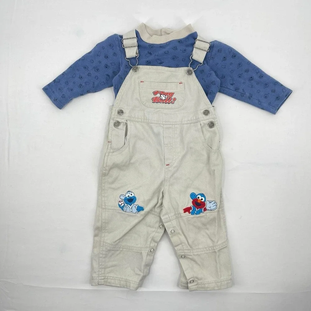 Vintage Y2K Sesame Street Elmo Kid's Character Overalls Rare Cookie Monster 18 M